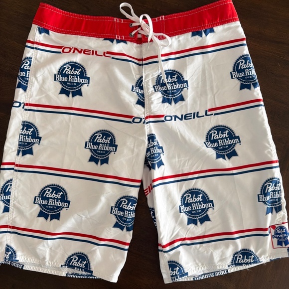 Pabst Blue Ribbon O'Neill Board Shorts Men's 34 Medium Red White Blue Swim - Picture 3 of 7